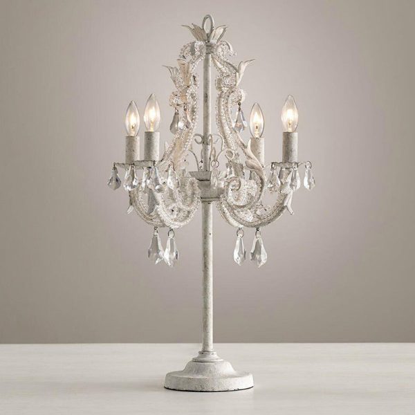 Contemporary Boho Distressed White Hardware Candelabra Design Crystal Bead 4-Light Table Lamp For Bedroom - Image 6