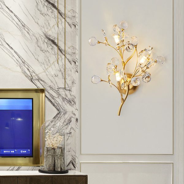 Modern Art Deco Luxury Crystal Floral Branch Iron 3-Light Wall Sconce Lamp For Living Room - Image 2