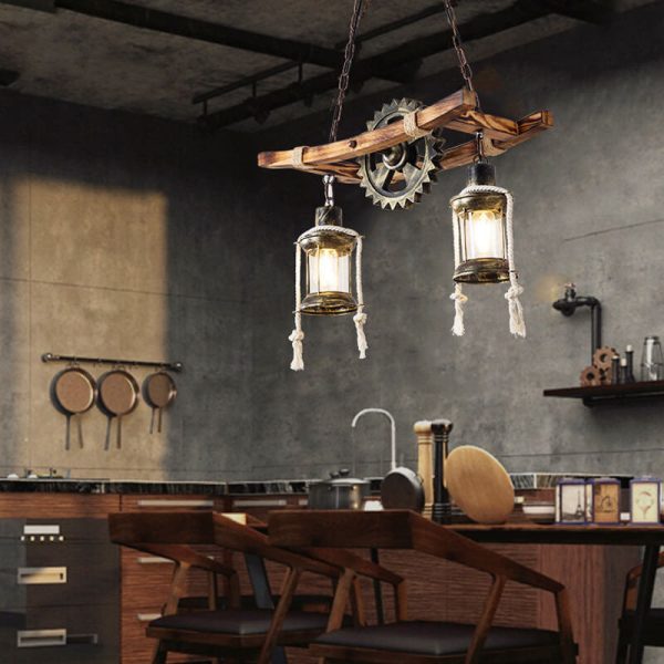 Vintage Industrial Wooden Metal 2-Light Island Light Chandelier - Image 9