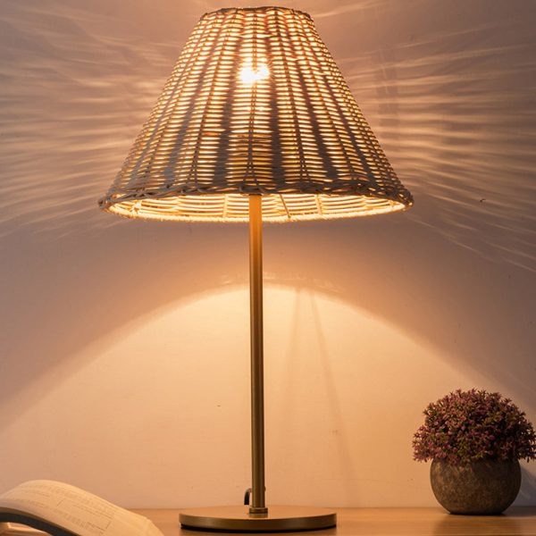 Contemporary Boho Round Trapezoidal Cylinder Base Rattan Metal 1-Light Table Lamp For Bedroom - Image 3
