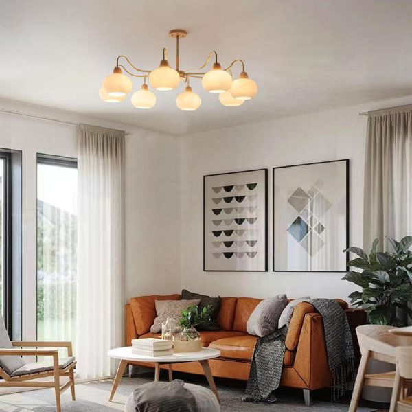 Nordic Japanese Glass Round Wood 3/6/8 Light Chandelier - Image 2