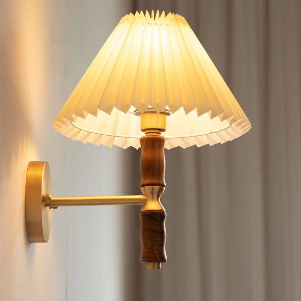 Japanese Vintage Walnut Pleated Umbrella 1-Light Wall Sconce Lamp - Image 3