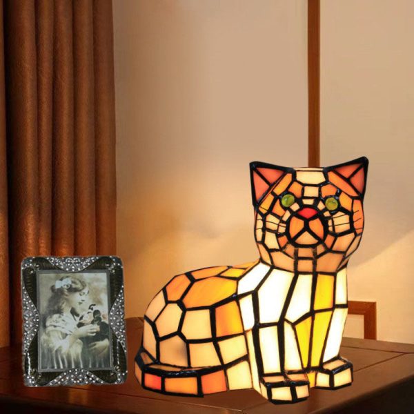 Traditional Tiffany Stained Glass Cat 1-Light Table Lamp For Bedroom - Image 3