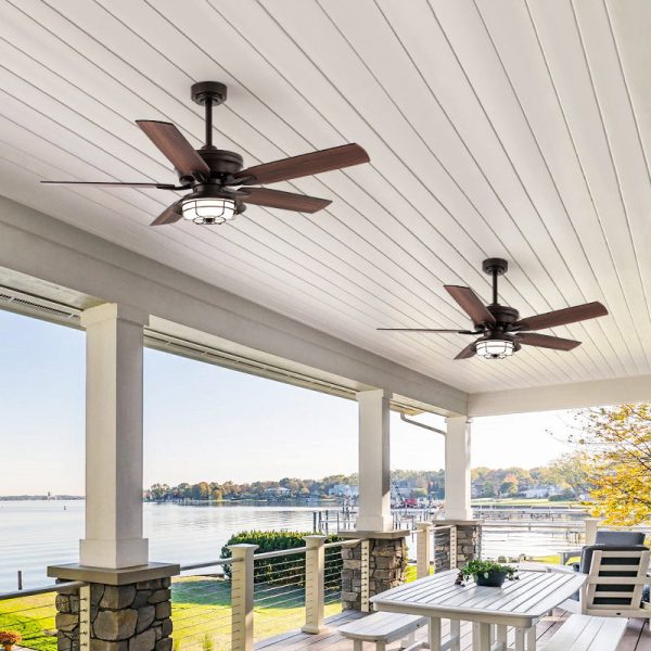 Contemporary Industrial Waterproof Wood Fan Blade Round Iron Frame Shade LED Downrods Ceiling Fan Light For Outdoor Patio - Image 4