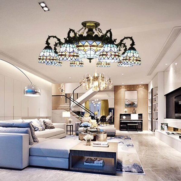 Tiffany Retro Beige Baroque Stained Glass 11-Light Semi-Flush Mount Ceiling Light