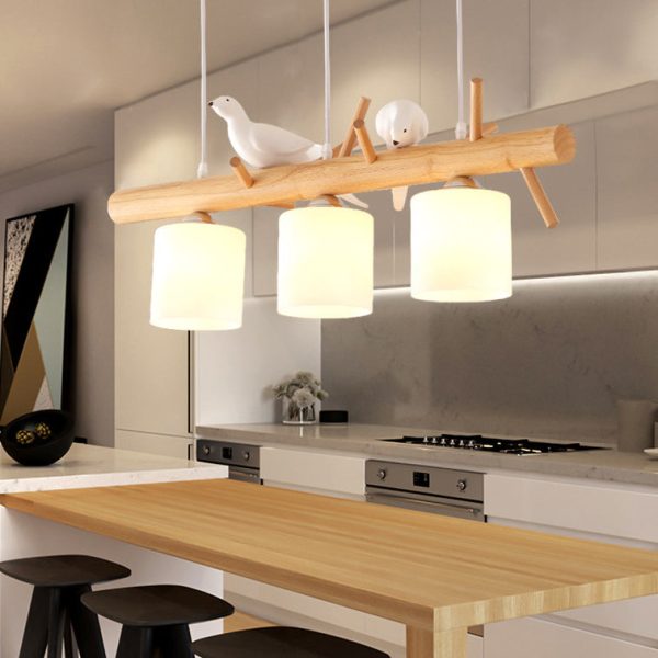 Contemporary Scandinavian Bird Cylinder Tree Branch Log Glass 2/3 Light Island Light Chandelier For Dining Room - Image 2