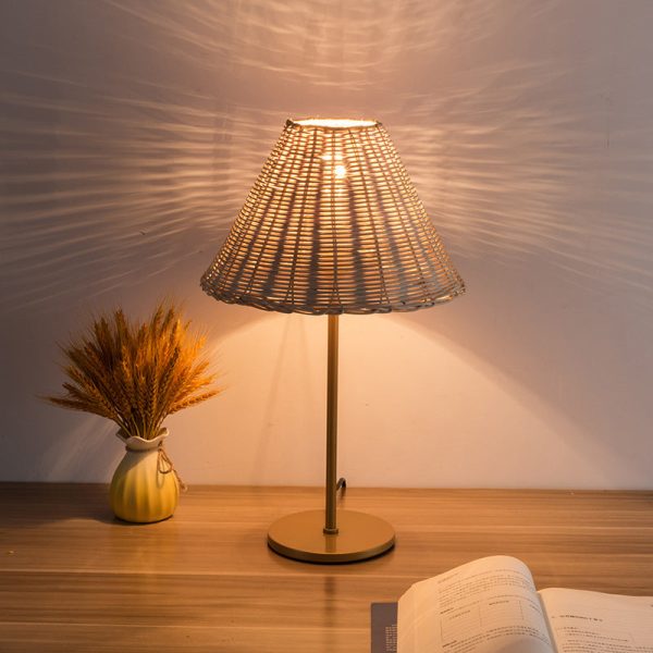 Contemporary Boho Round Trapezoidal Cylinder Base Rattan Metal 1-Light Table Lamp For Bedroom - Image 12
