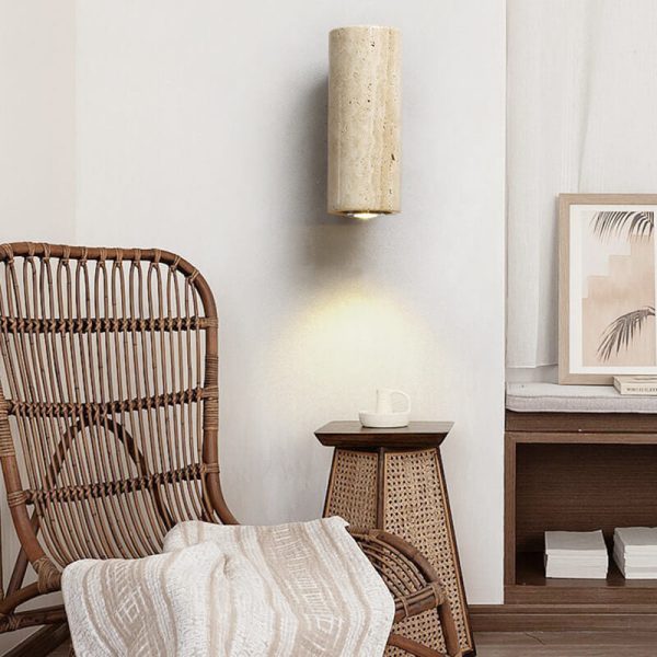 Japanese Wabi-Sabi Round Square Yellow Travertine Rubber Wood 1-Light Spotlight Wall Sconce Lamp - Image 2