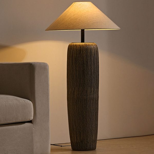 Japanese Wabi-sabi Fabric Shade Ceramic Column Base 1-Light Standing Floor Lamp - Image 2