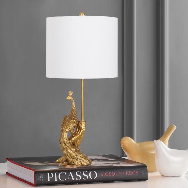 Traditional Vintage Cylindrical Peacock Resin Gold Foil Fabric 1-Light Table Lamp For Bedroom - Image 2