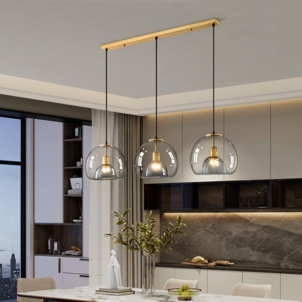 Contemporary Scandinavian Round Copper Glass 1/3 Light Island Light Chandelier For Dining Room - Image 9
