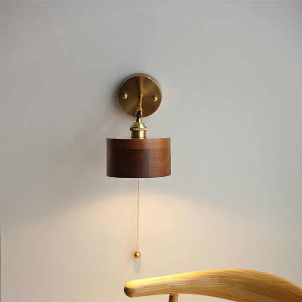 Contemporary Scandinavian Round Cone Dome Copper Wood 1-Light Wall Sconce Lamp For Bedroom - Image 2