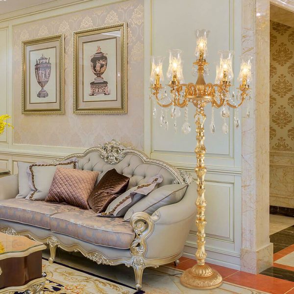 European Luxury Golden Crystal Zinc Alloy Candle Holder 7-Light Standing Floor Lamp - Image 11