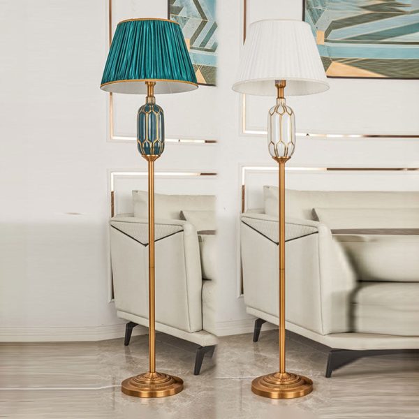 Vintage European Pleated Fabric Shade Ceramic Hardware Base 1-Light Standing Floor Lamp - Image 8
