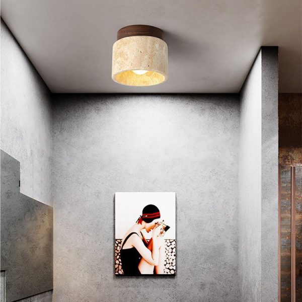 Modern Minimalist Cylinder Oval Dish Yellow Travertine 1-Light Semi-Flush Mount Ceiling Light For Living Room - Image 10