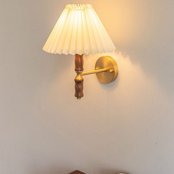 Japanese Vintage Walnut Pleated Umbrella 1-Light Wall Sconce Lamp - Image 8