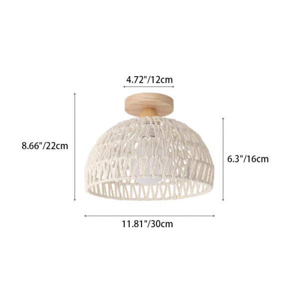 Traditional Japanese Half Round Solid Wood Rattan 1-Light Semi-Flush Mount Ceiling Light For Living Room - Image 4