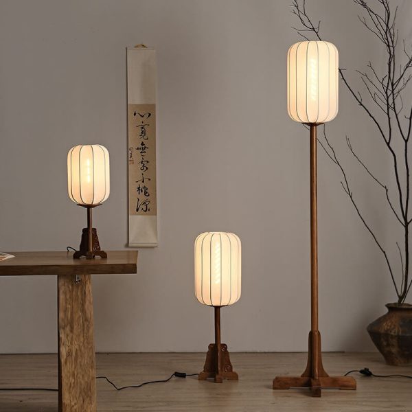 Japanese Zen Rosewood Base Silk Lantern Shade 1-Light Standing Floor Lamp - Image 10
