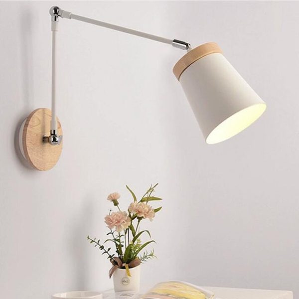 Contemporary Scandinavian Solid Wood Iron Cylinder Shade 1-Light Wall Sconce Lamp For Bedroom - Image 4