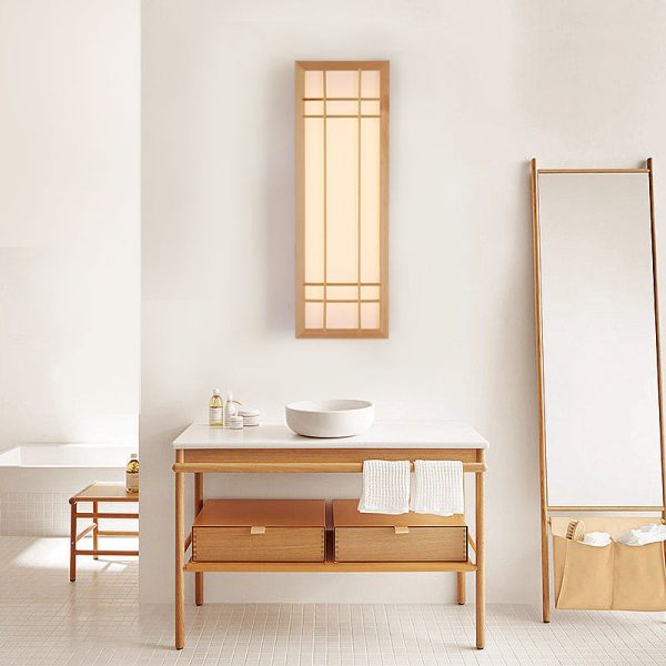 Traditional Japanese Rectangle Solid Wood Acrylic LED Wall Sconce Lamp For Bedroom - Image 2