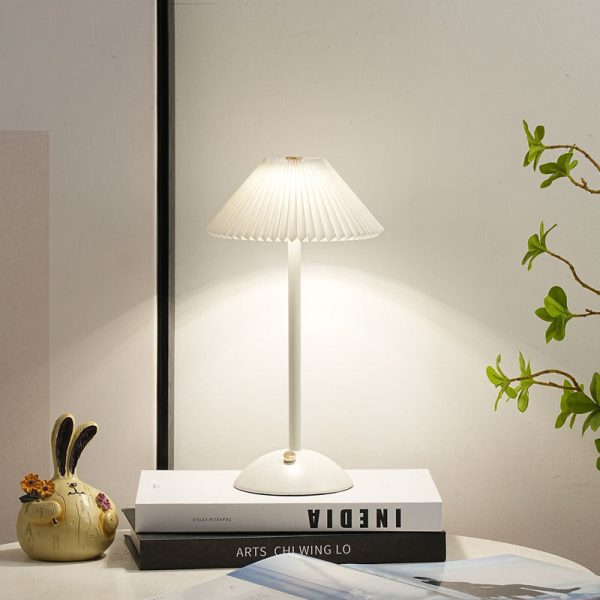Contemporary Scandinavian Rechargeable Iron Fabric Conic Pleated 1-Light Table Lamp For Bedside - Image 15