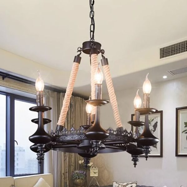 Traditional Vintage Round Candelabra Iron Hemp Rope 3/6/8 Light Chandelier For Living Room - Image 7