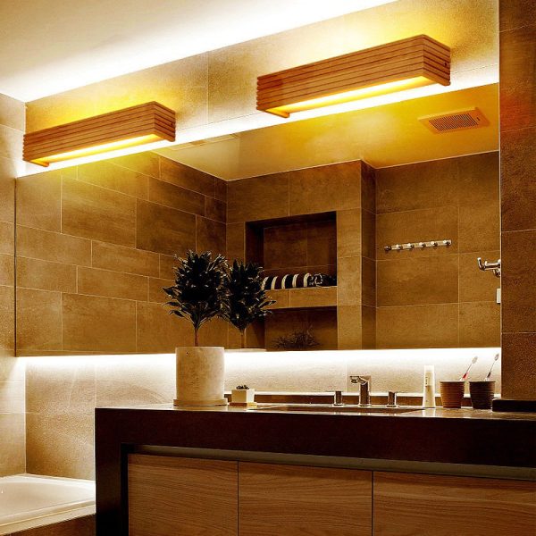 Traditional Chinese Striped Wood Cuboid LED Vanity Mirror Front Wall Sconce Lamp For Bathroom - Image 20