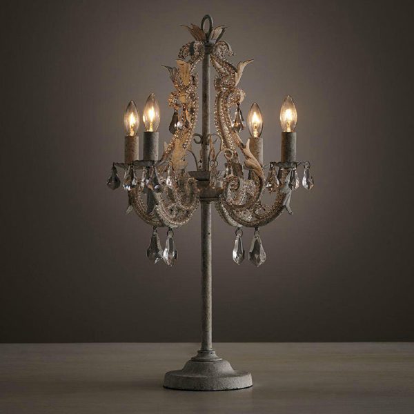 Contemporary Boho Distressed White Hardware Candelabra Design Crystal Bead 4-Light Table Lamp For Bedroom - Image 3