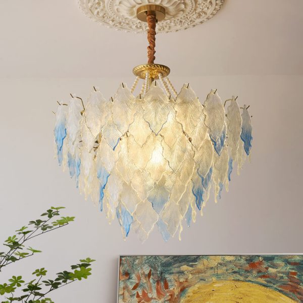 Traditional French Round Tree Leaf Blade Pearl Iron Copper Glass 3/6/9/12 Light Chandelier For Living Room - Image 11