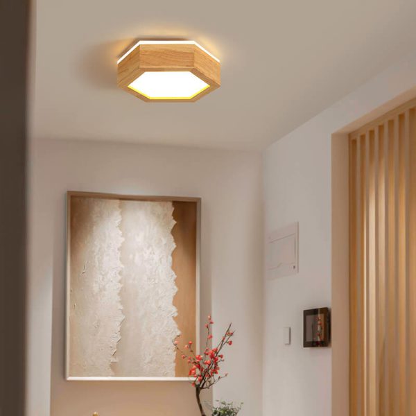 Modern Simple Wooden Hexagonal Geometry LED Flush Mount Ceiling Light - Image 3