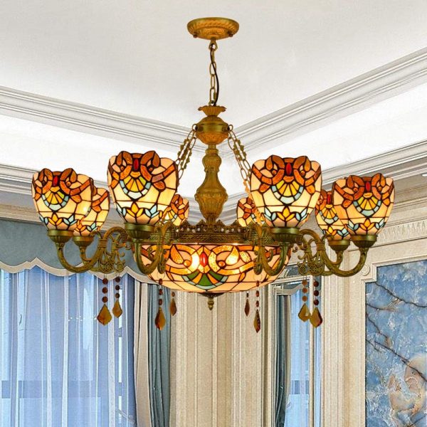Traditional Tiffany Bead Dome Baroque Iron Glass Alloy 8/11 Light Chandeliers For Living Room - Image 3