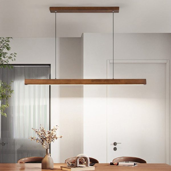 Contemporary Nordic Rubber Wood Acrylic Strip LED Island Light Chandelier For Dining Room - Image 2