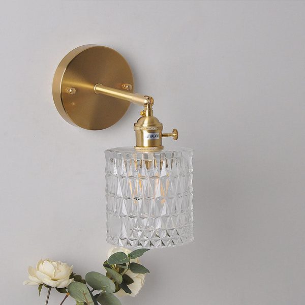 Japanese Vintage Brass Glass Cylinder 1-Light Wall Sconce Lamp - Image 3