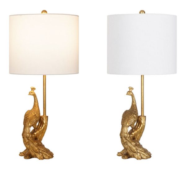 Traditional Vintage Cylindrical Peacock Resin Gold Foil Fabric 1-Light Table Lamp For Bedroom - Image 6