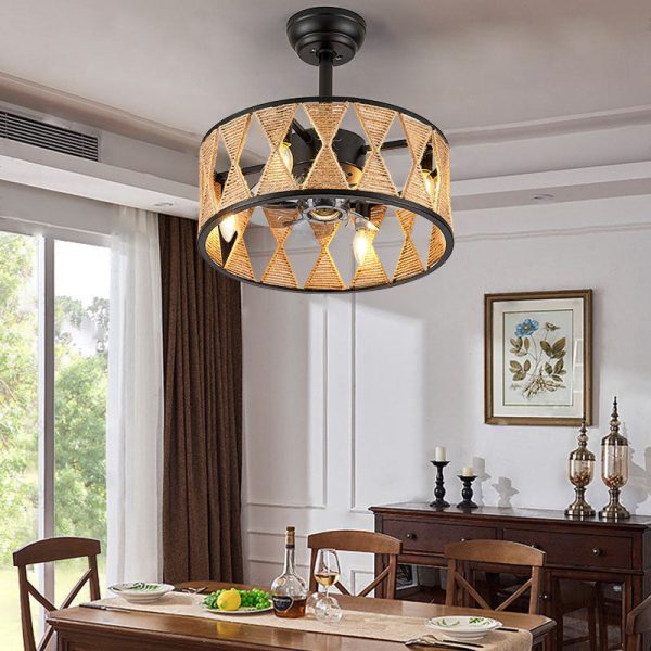 Industrial Round Twisted Rope Iron 4-Light Downrods Ceiling Fan Light - Image 2