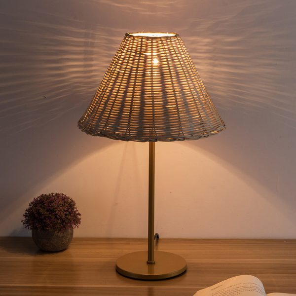 Contemporary Boho Round Trapezoidal Cylinder Base Rattan Metal 1-Light Table Lamp For Bedroom - Image 2