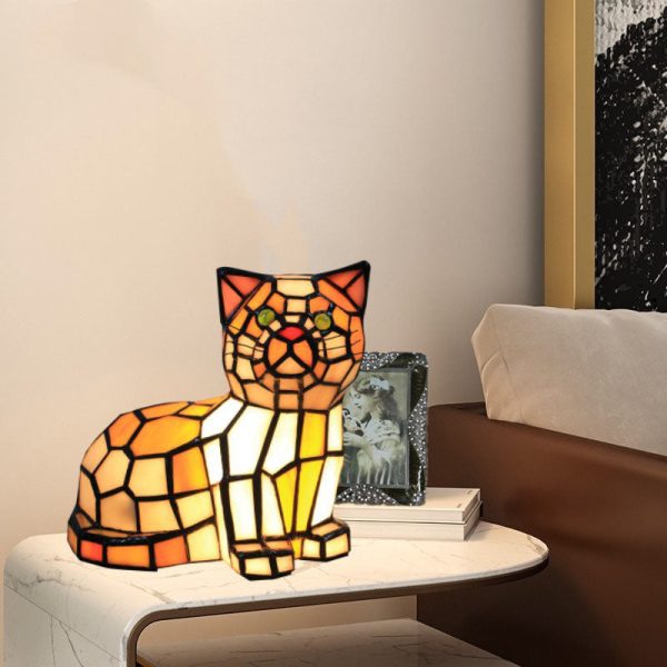 Traditional Tiffany Stained Glass Cat 1-Light Table Lamp For Bedroom - Image 14