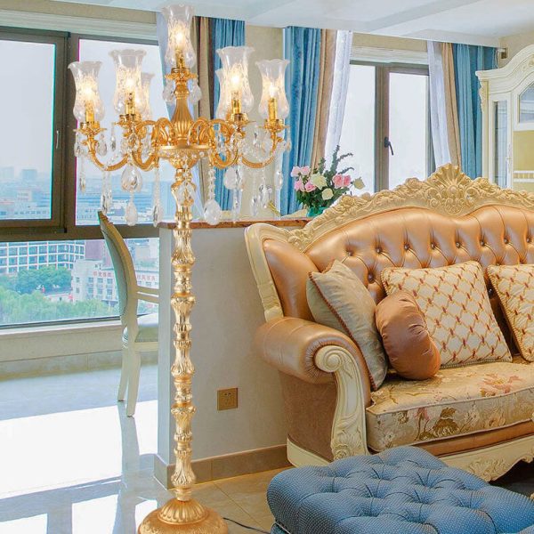 European Luxury Golden Crystal Zinc Alloy Candle Holder 7-Light Standing Floor Lamp - Image 12