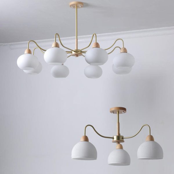 Nordic Japanese Glass Round Wood 3/6/8 Light Chandelier - Image 19