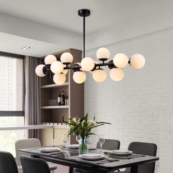 Contemporary Scandinavian Long Round Globe Iron Glass 16-Light Island Light Chandelier For Dining Room - Image 5