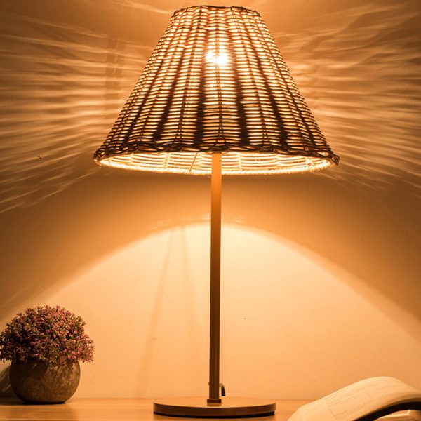 Contemporary Boho Round Trapezoidal Cylinder Base Rattan Metal 1-Light Table Lamp For Bedroom - Image 10