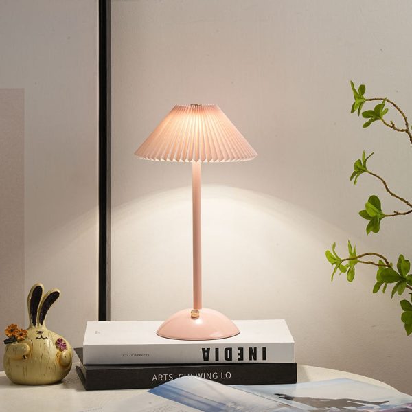 Contemporary Scandinavian Rechargeable Iron Fabric Conic Pleated 1-Light Table Lamp For Bedside - Image 2