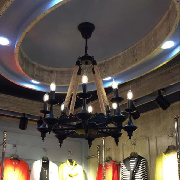 Traditional Vintage Round Candelabra Iron Hemp Rope 3/6/8 Light Chandelier For Living Room - Image 5