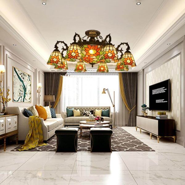 Tiffany Retro Beige Baroque Stained Glass 11-Light Semi-Flush Mount Ceiling Light - Image 7