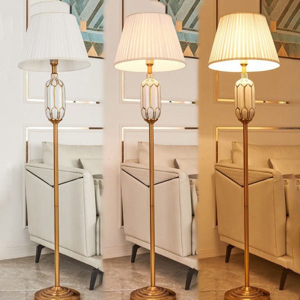 Vintage European Pleated Fabric Shade Ceramic Hardware Base 1-Light Standing Floor Lamp - Image 2