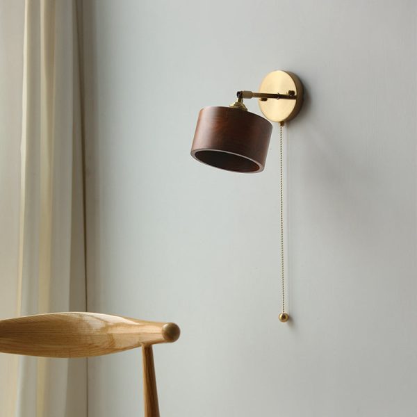 Contemporary Scandinavian Round Cone Dome Copper Wood 1-Light Wall Sconce Lamp For Bedroom - Image 3