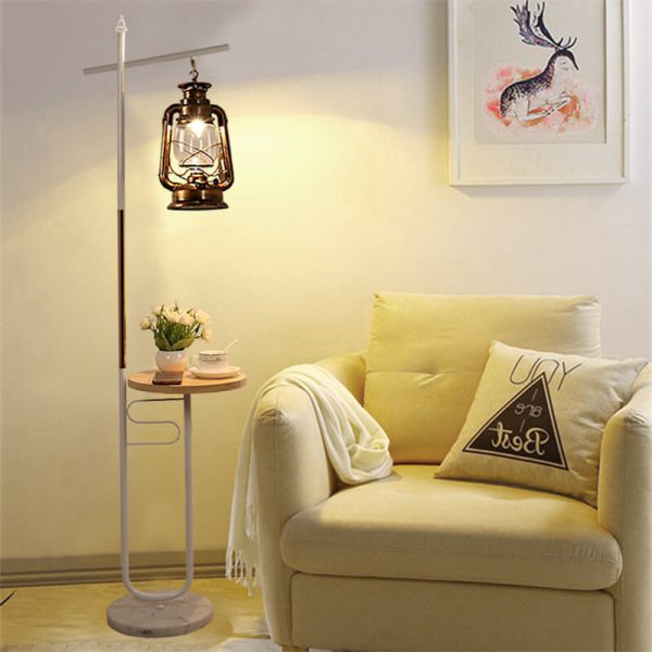 European Vintage Simple Lantern Table Iron Wood Marble 1-Light Standing Floor Lamp - Image 4