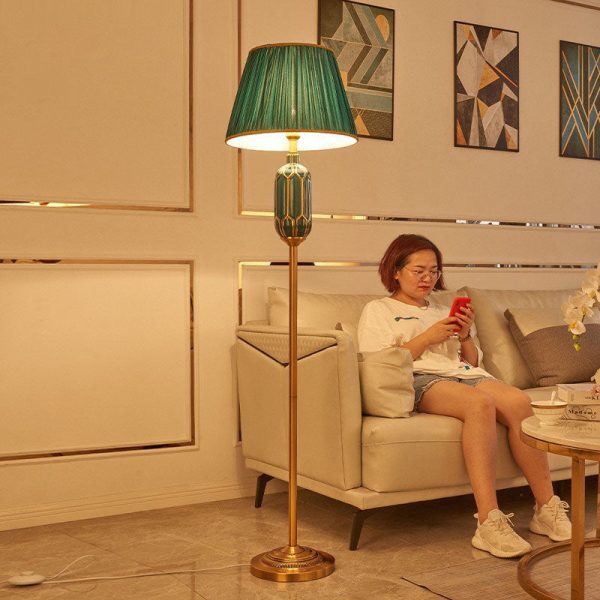 Vintage European Pleated Fabric Shade Ceramic Hardware Base 1-Light Standing Floor Lamp - Image 3