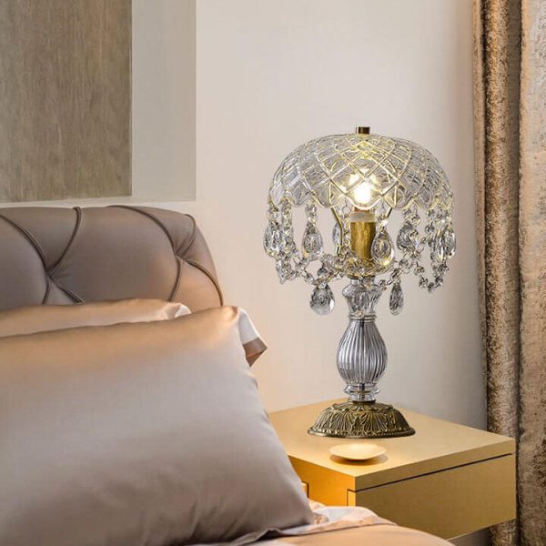 French Luxury Clear Crystal Round Tassel Copper 1-Light Table Lamp - Image 3