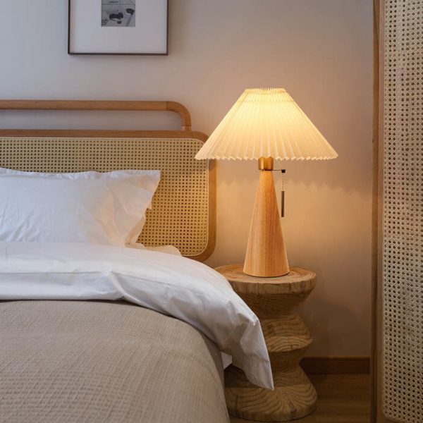 Japanese Minimalist Vintage Pleated Wooden Fabric LED Table Lamp - Image 14